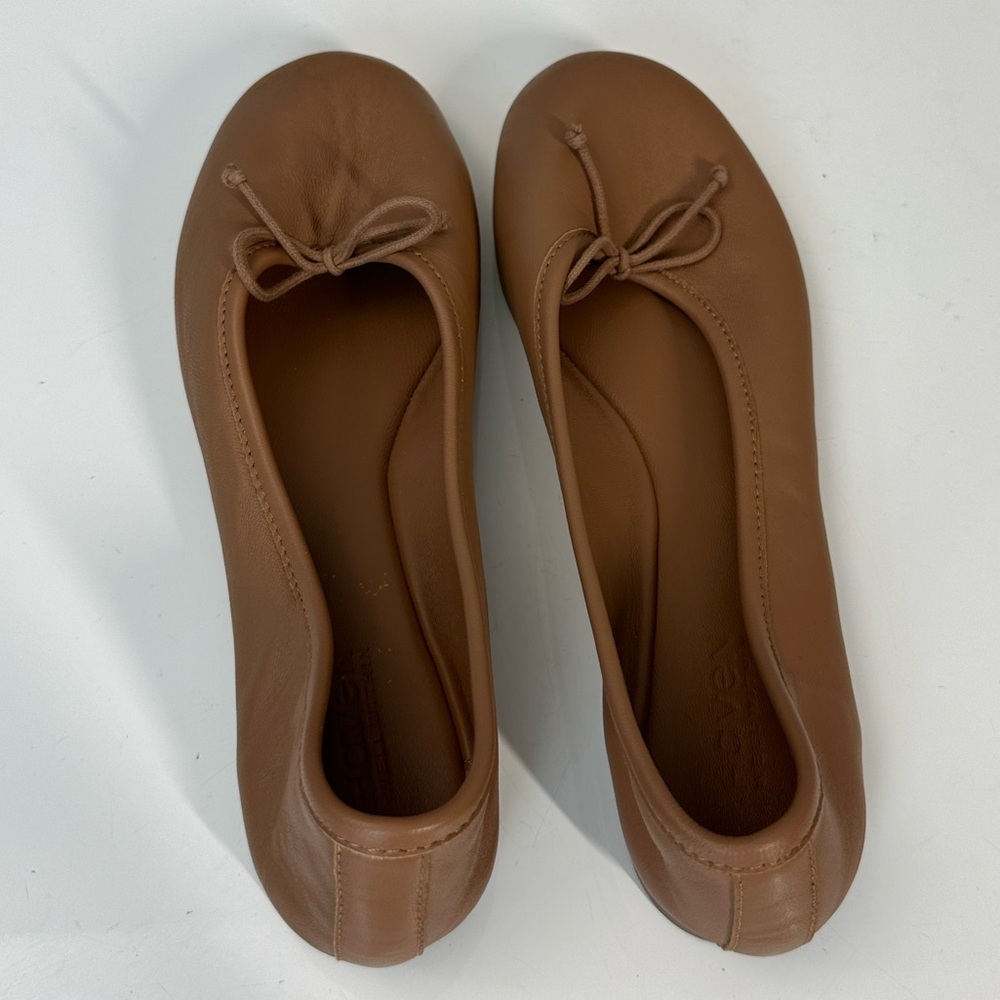 Women's Tan Leather Ballet Flats with Bow - Picture 8 of 15
